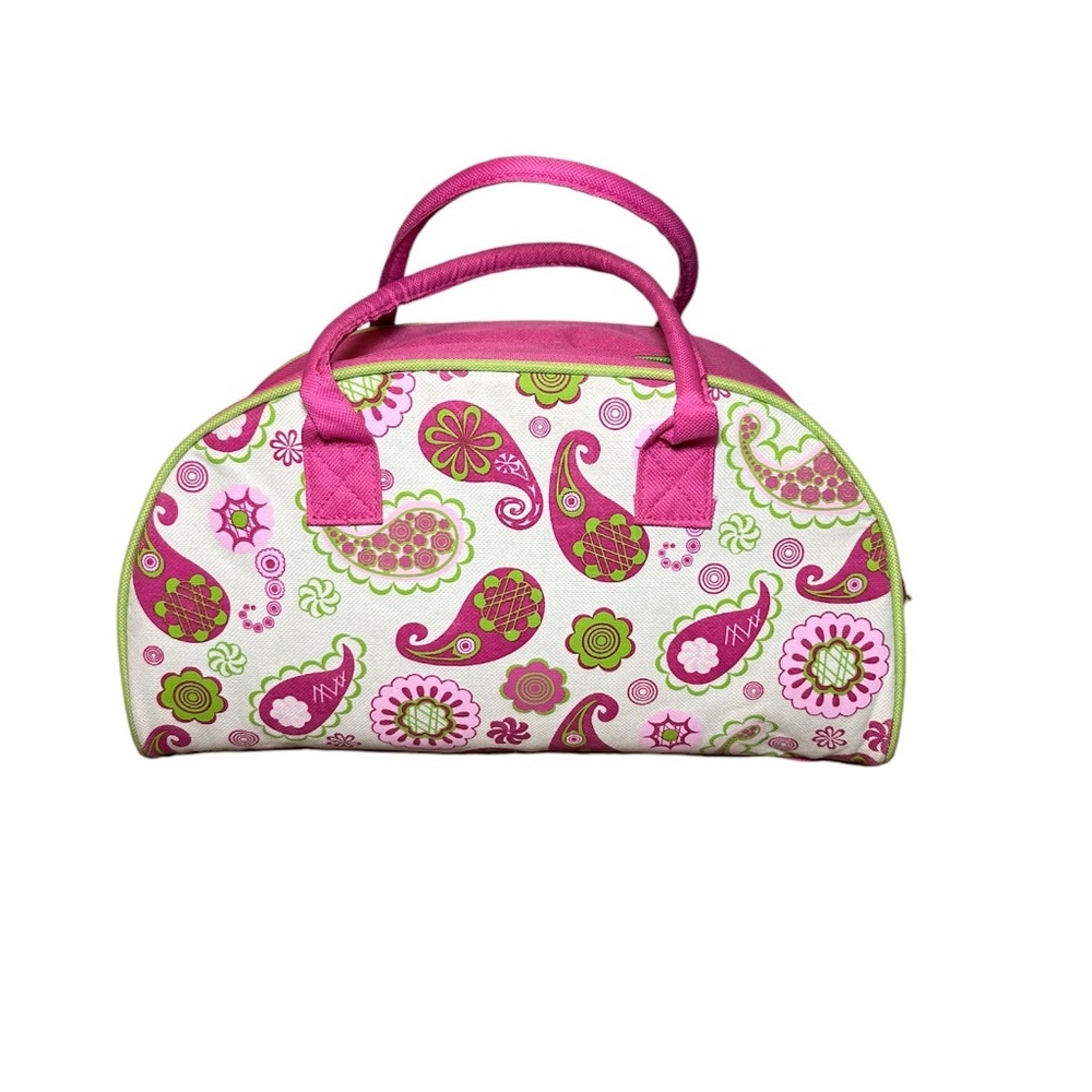 New Pink & Green Floral Print Canvas Initial "A" Insulated Lunch/ Makeup Bag - Picture 3 of 7